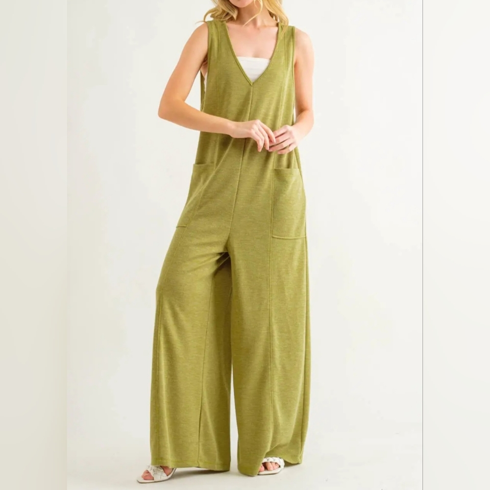 #0393 🛑S  BOHO V-neck Jumpsuit With Front Pockets - Picture 2 of 5